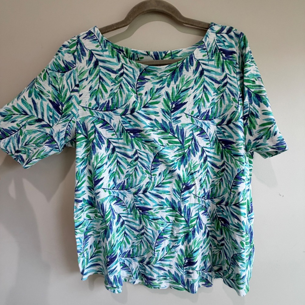 J Jill Pima Slub Elbow Sleeve Tee Womens Large Tropical Leaf Print Minimalist